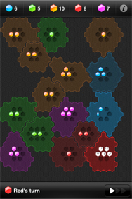 The original Strategery on a 2009 iPhone: dark cog-shaped regions holding small clusters of colored pegs, with Red's turn shown at the bottom