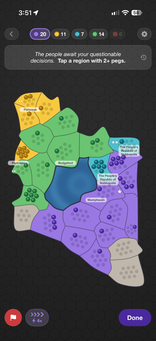 The new Strategery: a bright map of green, yellow, blue, and purple blob-shaped regions, each holding a cluster of pegs